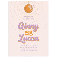 a pink and orange party card with the words gumy and lucca on it