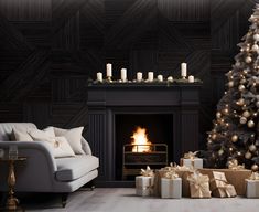 a living room with a christmas tree and presents on the floor next to a fire place