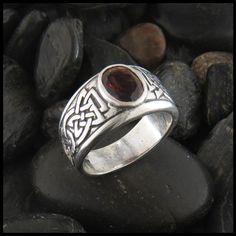 Galoglach Ring with Gemstones Male Silver Rings, Thistle Outline, Mens Sterling Silver Jewelry, Knot Rings, Silver Celtic Rings, Stones Rings, Connemara Marble, Celtic Ring, Celtic Knot Ring