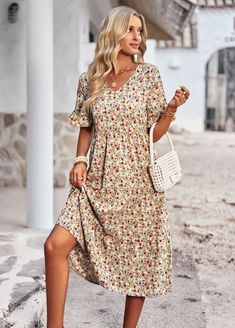 F00161635-505 Flounce Sleeve, Vacation Dresses, Midi Dress With Sleeves, Versatile Dresses, Floral Dress Summer, Outfit Casual, Floral Midi Dress, Printed Mini Dress, Elegant Dress