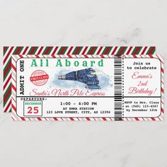 a ticket for the santa's north pole express birthday party