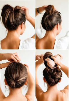 "A step-by-step guide to creating a perfect messy bun. The first image shows the woman gathering her hair into a ponytail, the second shows her twisting and securing the hair into the bun, and the final frame displays the effortlessly chic messy bun with some loose strands for a relaxed look." Step Hairstyle, Perfect Messy Bun, Women Gathering, Step By Step Hairstyles, One Image, Messy Bun, Step Guide, Her Hair, Make It Simple