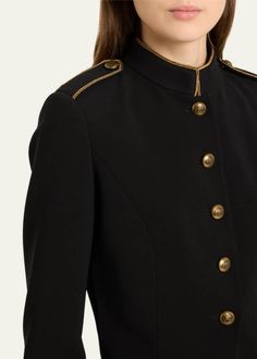 Ralph Lauren Collection Caraway Military Wool Jacket - Bergdorf Goodman Classic Tailored Outerwear With Contrast Trim, Fall Workwear Outerwear With Epaulettes, Tailored Outerwear With Contrast Trim For Fall, Classic Fitted Blazer With Contrast Trim, Formal Fitted Outerwear With Contrast Trim, Double-breasted Uniform Style Workwear Outerwear, Uniform Style Double-breasted Workwear Outerwear, Double-breasted Uniform Style Outerwear For Work, Double-breasted Uniform Style Workwear