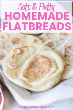 soft and fluffy homemade flatbreads on a white plate with pink text overlay