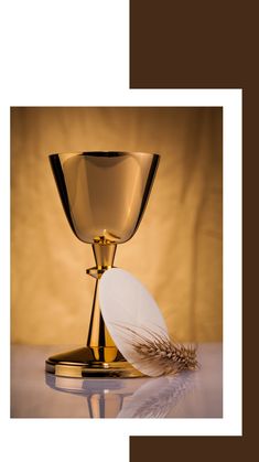 a golden chalice with a feather resting on it