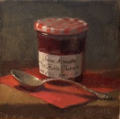 a painting of a jar of jam on a red napkin with a spoon next to it