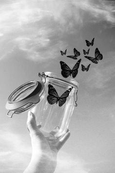 a hand holding a glass jar with butterflies flying out of it in front of a cloudy sky