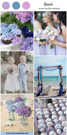 purple and blue wedding color scheme with flowers, cupcakes, cake, beach