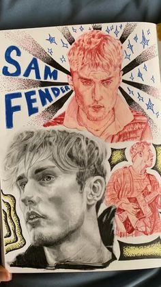 a person holding up a drawing of two men in front of the words sam fndr