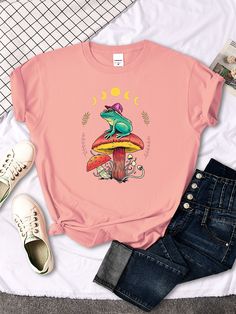 Cottagecore Aesthetic Goblincore Frog Wizard On Mushroom Women's T Shirts Hip Hop T-shirt Sport Casual Clothes Summer Brand Tops Goblincore Short Sleeve T-shirt For Summer, Summer Goblincore T-shirt With Short Sleeves, Summer Goblincore Short Sleeve T-shirt, Summer Goblincore Style Short Sleeve T-shirt, Frog Wizard, Clothes Summer, Cottagecore Aesthetic, Casual Clothes, Women's T Shirts