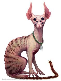 a drawing of a sphydrah cat sitting on top of a lizard's tail