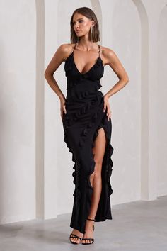 Our black Run The World maxi dress is certainly worthy of an empowering name for it's plunging sweetheart neckline and cascading ruffles. Also featuring an open back with crossing straps and a thigh high split. this black maxi dress will make you the focal point at any special occasion.Features- Premium woven fabric- Plunge/ sweetheart neckline- Cami straps- Crossed open back- Ruffle detailing- Invisible zip closure- Split hemline- Maxi lengthSizing & Fit Model is 5'8" and wears UK size 8 / US s Fishtail Maxi Dress, Black Bridesmaids, Club L London, Black Ruffle Dress, Ruffle Maxi Dress, Cascading Ruffles, Split Maxi Dress, Invisible Zip, Ruffled Maxi Dress