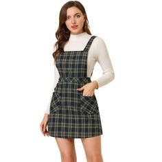 Allegra K Women's Plaid Tartan Button Decor A-Line Pinafore Overall Dress Navy Blue Medium Flannel Dress Winter, Blue Plaid Dress Outfit, Plaid Dress Outfit, Elegant Work Dress, Jumper Dress Outfit, Plaid Overall Dress, Dress Overalls, Blue Plaid Dress, Corduroy Overall Dress