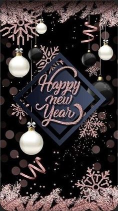 a happy new year greeting card with ornaments and snowflakes on black, pink and white