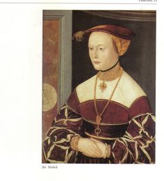 an old painting of a woman wearing a red and white dress with a gold chain around her neck