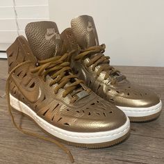 Laser Cut Leather Nike Airforce 1 Sneakers. Size 7.5 In Womens. Barely Worn. No Box Included. Small Mark On Insider Right Shoe, Shown In Pictures. High Top Air Force, Air Force 1 Sneakers, Nike Airforce 1, Laser Cut Leather, Nike Gold, Air Force 1, Nike Air Force, Womens Shoes Sneakers, High Top