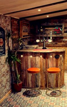 a bar with three stools in front of it