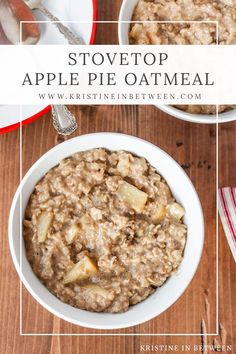 two bowls of apple pie oatmeal on a wooden table with spoons