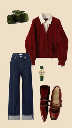 a woman's outfit and shoes are shown in this image, including a red cardigan