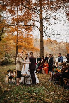 a group of people standing around each other in front of a forest filled with trees