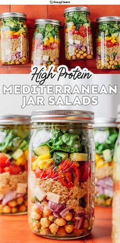 a jar filled with different types of salads in it and the text high protein mediterranean jar salads