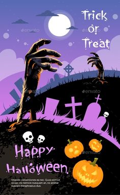 halloween poster with creepy hands and pumpkins on the hill - holidays seasons / holidays