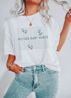 Mother Baby Nurse Shirt This classic unisex jersey short sleeve tee fits like a well-loved favorite. Soft cotton and quality print make users fall in love with it over and over again. These t-shirts have-ribbed knit collars to bolster shaping. The shoulders have taping for better fit over time. Dual side seams hold the garment's shape for longer. -100% Airlume combed and ringspun cotton (fiber content may vary for different colors) -Light fabric (4.2 oz/yd² (142 g/m - Retail fit - Tear away labe White Relaxed Fit T-shirt For Family Matching, Family Matching Short Sleeve T-shirt With Letter Print, White Cotton Nursing T-shirt, White Letter Print T-shirt For Nursing, White Nursing T-shirt With Letter Print, Cotton Graphic Tee For Babies With Name Print, Cotton Short Sleeve T-shirt For Mother's Day, White Relaxed Fit T-shirt For Nursing, White Relaxed Fit Nursing T-shirt