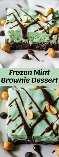 two pieces of frozen mint brownie dessert on a white plate with chocolate and cashews