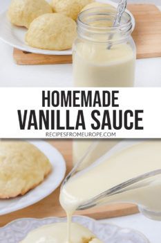 homemade vanilla sauce being drizzled over cookies on a white plate with text