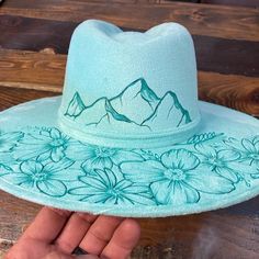 Personalize Your Style With a Hand-burned, Teal Mexican Suede, Wide Brim Fedora Hat Blank Canvas for Custom Burned Art & Layered Hatbands - Etsy Custom Hand Painted Adjustable Fedora, Adjustable Hand Painted Brimmed Hat, Hand Painted Hat With Short Brim, Hand Painted Hats With Short Brim, Hand Painted Short Brim Hat, Artisan Hand Painted Adjustable Hat Bands, Custom Hand Painted Fedora For Festivals, Hand Painted Curved Brim Hats For Festivals, Hand Painted Hats With Curved Brim For Festivals