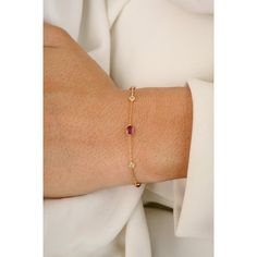 This is part of Chairish’s Fine Jewelry assortment.  This Minimal Natural Ruby Diamond Chain Bracelet in 18K gold showcases 0.32 carats endlessly sparkling natural ruby and 0.05 carats of diamond. It measures 7 inches long in length.  Ruby improves mental strength. Designed with oval cut ruby and diamond set in bezel settings to make you stand out on any occasion or event. The elegant style complements the attire beautifully and is a perfect Engagement Gift, Bridal Shower Gift, Gift For Love, Gi Elegant Red Chain Bracelet With Jubilee Design, Elegant Red Jubilee Chain Bracelet, Yellow Gold Ruby Diamond Jubilee Bracelet, Elegant Diamond Bracelet With Birthstone For Formal Occasions, Yellow Gold Diamond Bracelet With Gemstone, Elegant Diamond Birthstone Bracelet For Formal Occasions, Ruby Diamond Bracelet In Jubilee Style, Ruby Diamond Bracelet With Jubilee Style, Elegant Yellow Gold Chain Bracelet With Gemstone