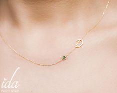 Initial Necklace with Birthstone, Sideways Initial Necklace Gold, Custom Jewelry, Personalized Neckl Elegant May Birthstone Necklace For Personalized Gifts, Delicate Birthstone Jewelry For Personalized Gift, Personalized Delicate May Birthstone Necklace, Elegant May Birthstone Necklace With Name Detail, Elegant Birthstone Necklace For Mom, Delicate Personalized May Birthstone Necklace, Elegant May Birthstone Necklace With Name, Elegant May Birthstone Name Necklace, Personalized Green Birthstone Necklace In Sterling Silver