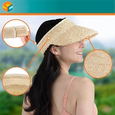 Elevate your sunny day essentials with the Sun Cube Women's Sun Visor Hat, a stylish blend of functionality and fashion. This straw beach hat is not only a chic accessory but also a practical choice with its wide brim offering UV/UPF/SPF 50+ protection. 

- Material: High-quality straw
- Color: Brown & Cream
- Size: Fits most adults, 22-22.8 inches head circumference
- Features: Wide brim (4.5 inch), foldable and packable design, adjustable ponytail hole

Perfect for an array of outdoor activiti Upf 50+ Visor Sun Hat For Travel, Beach Season Sun Hat With Upf 50+ Visor, Upf 50+ Visor Sun Hat For Camping, Cotton Visor Sun Hat With Upf 50+, Up Ponytail, Natural Color Visor Sun Hat, One Size, Summer Visor, Straw Visor, Velcro Tape