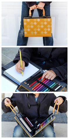 four different views of a person holding a pencil case