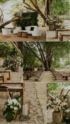 an outdoor ceremony setup with white flowers and greenery in vases on wooden benches