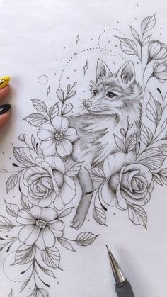 a drawing of a fox surrounded by flowers