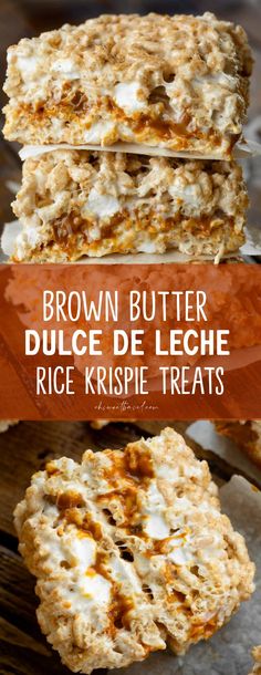 brown butter, dulce de leche rice krispie treats are stacked on top of each other