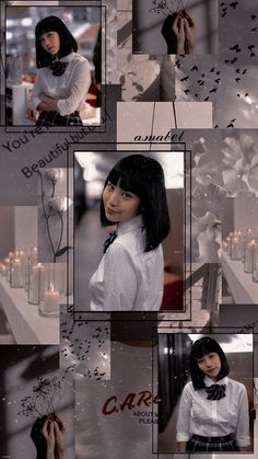 a collage of photos with woman in white shirt and black bow tie holding candles