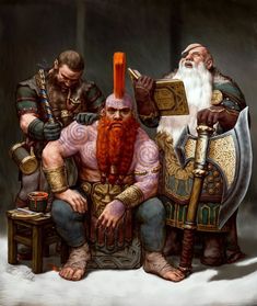 two men sitting next to each other in front of a giant man with a red beard