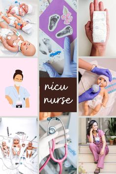 a collage of photos with dolls and medical equipment