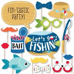 an assortment of party photo booth props including hats, sunglasses and mustaches with the words let's go fishing on them