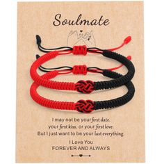 PRICES MAY VARY. 💟◤RED STRING COUPLE BRACELETS◢——Concentric knot element design, 2 bracelets matched to form a pair. Symbolizes happiness, luck and protection. It is the most meaningful Valentine's gift. 💟◤COUPLE GIFTS◢——A variety of colors to choose from, paired with "Soulmate" text blessing cards. You can give it to yourself, your boyfriend, your girlfriend, your wife, your husband, your good friends, your parents on Valentine's Day, Christmas, birthdays, and anniversaries. 💟◤GOOD WISHED IM Red And Black Bracelets, Couple Boyfriend, Cute Origami, Beautiful Meaning, Element Design, Red String, Knot Design, Red Bracelets, Couple Bracelets