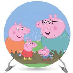 peppa pig family standing in front of a blue circle with the words peppi on it