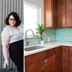 a woman standing in front of a kitchen sink next to an image of a pregnant woman