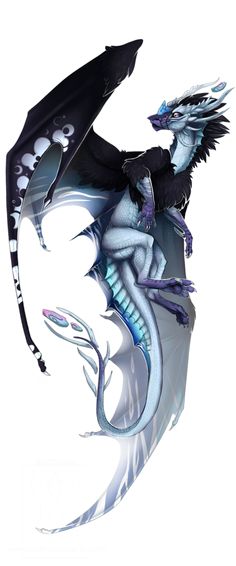 a white and black dragon sitting on top of a blue dragon with its wings spread