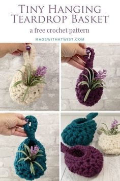 crochet tiny hanging teardrop basket with purple flowers in it and text overlay that says, tiny hanging teardrop basket