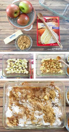 apples and other ingredients are being prepared in glass baking pans on a wooden table