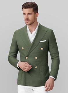 Refresh your fashion sense with our White Olive Green Cotton Suit, impeccably tailored for those who appreciate sophistication and comfort. The suit features a vibrant olive green jacket paired with crisp white pants, both crafted from a premium blend of cotton and lycra. This unique color combination not only enhances your wardrobe but also ensures a modern look with a touch of elegance. Perfect for business meetings or casual outings, this suit offers versatility and style that will make you stand out in any crowd.  Look Includes    Olive Green Cotton  Jacket Fabric    White Stretch Chino Pant Fabric   Double Breasted Jacket Style  Peak Lapel   Corozo     Ivory  Buttons  Single Vent  Three Cuff Buttons  Two Welted Back Pockets on Trousers    Click 'Customize Now' to modify the look if ne White And Green Suit, Mens Suits Style Modern Casual, Olive Double Breasted Suit Men, Men’s Olive Green Suit, Pant Coat For Men, Classic Green Three-piece Single Breasted Suit, Classic Green Three-piece Single-breasted Suit, Mens Suits Style Modern, Olive Coat