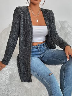 Dark Grey Casual Collar Long Sleeve Fabric Plain Other Embellished High Stretch  Women Clothing Grey Shrug, Women Outerwear, Rib Knit Cardigan, Knitting Women Cardigan, Pocket Cardigan, Casual Vest, Long Sleeves Coats, Cute Comfy Outfits, Fashion Today