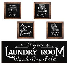 the laundry room wash dry fold sign is shown in four different styles, including black and white